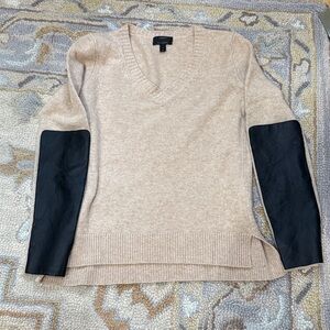 J. Crew Tan cashmere and wool Sweater with Black Leather Elbow Patches Vneck